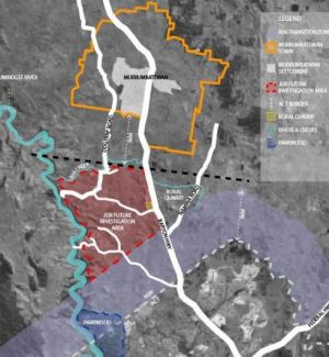 The Yass council's 5km buffer zone north of the ACT's border, in purple, with the exemption carved out for Ginninderry ...
