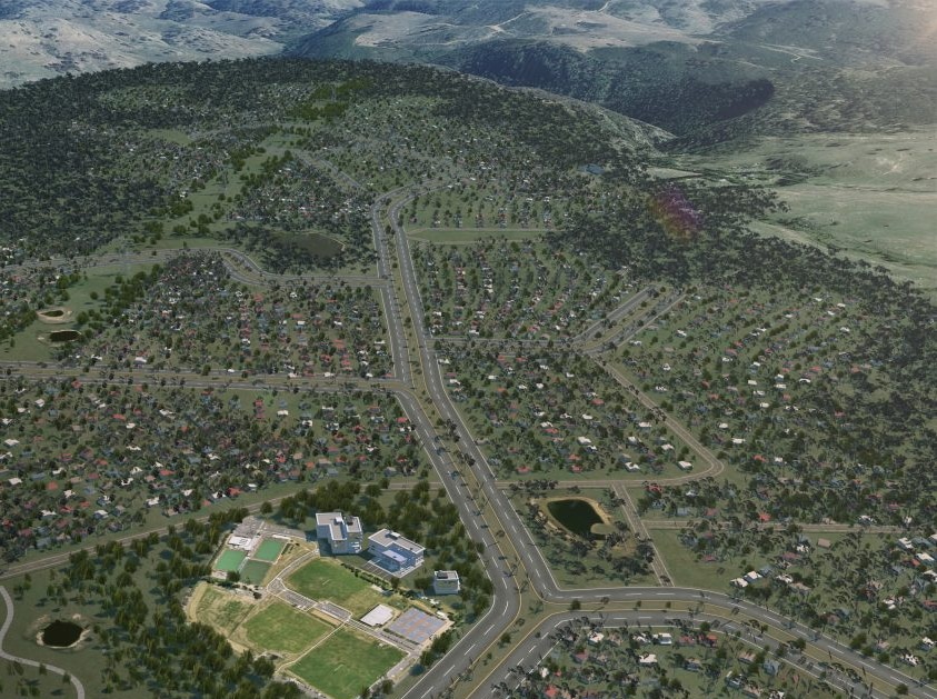 An artist's rendering shows an aerial shot of buildings and roads overlaid on hills and bushland.